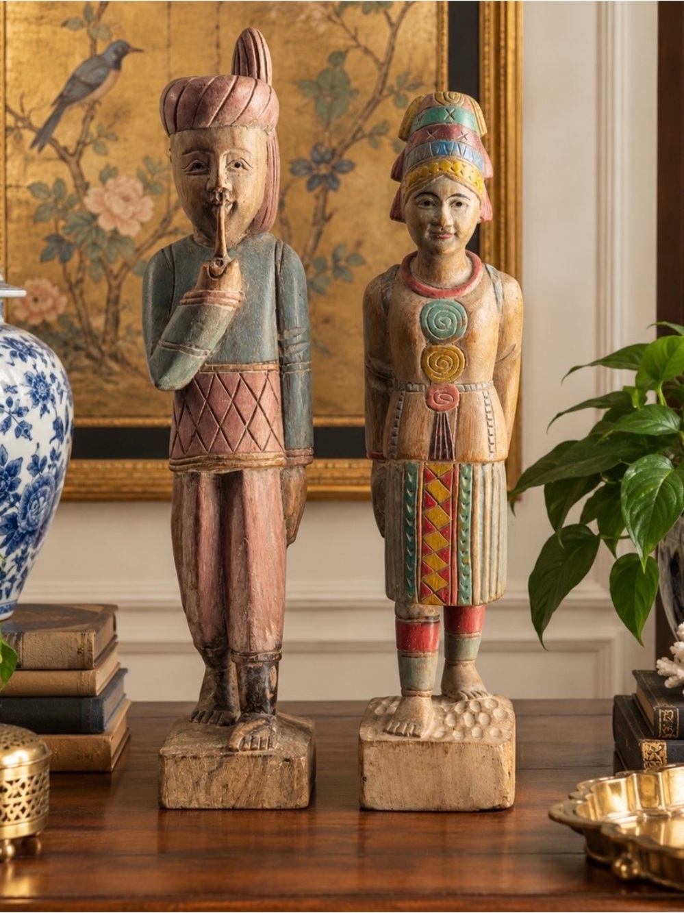 Vintage Thai Hand-Carved Wooden Folk Art Couple – Male & Female